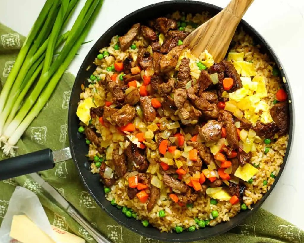 A pan of Beef Fried Rice