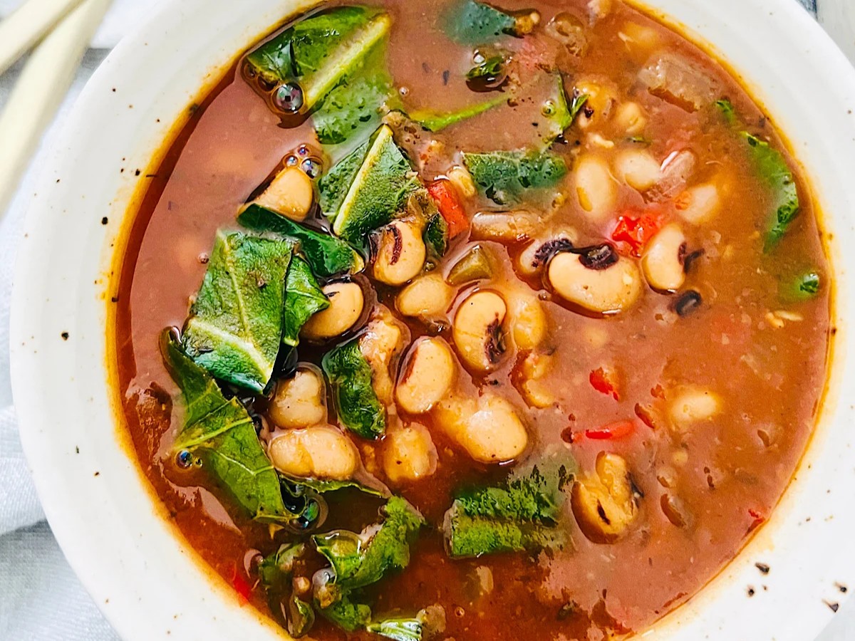 An overhead shot of Vegan Black-Eyed Pea Soup