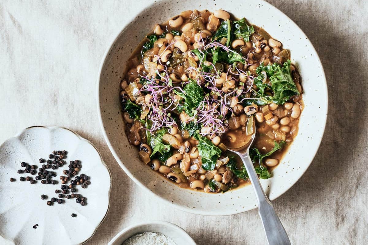 An overhead shot of Hearty Vegan Black Eyed Pea Stew Recipe with Kale