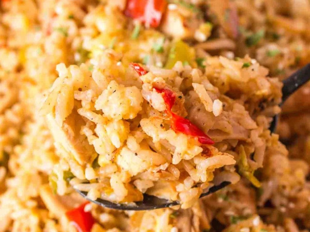 A close up shot of Blackstone Chicken Fried Rice