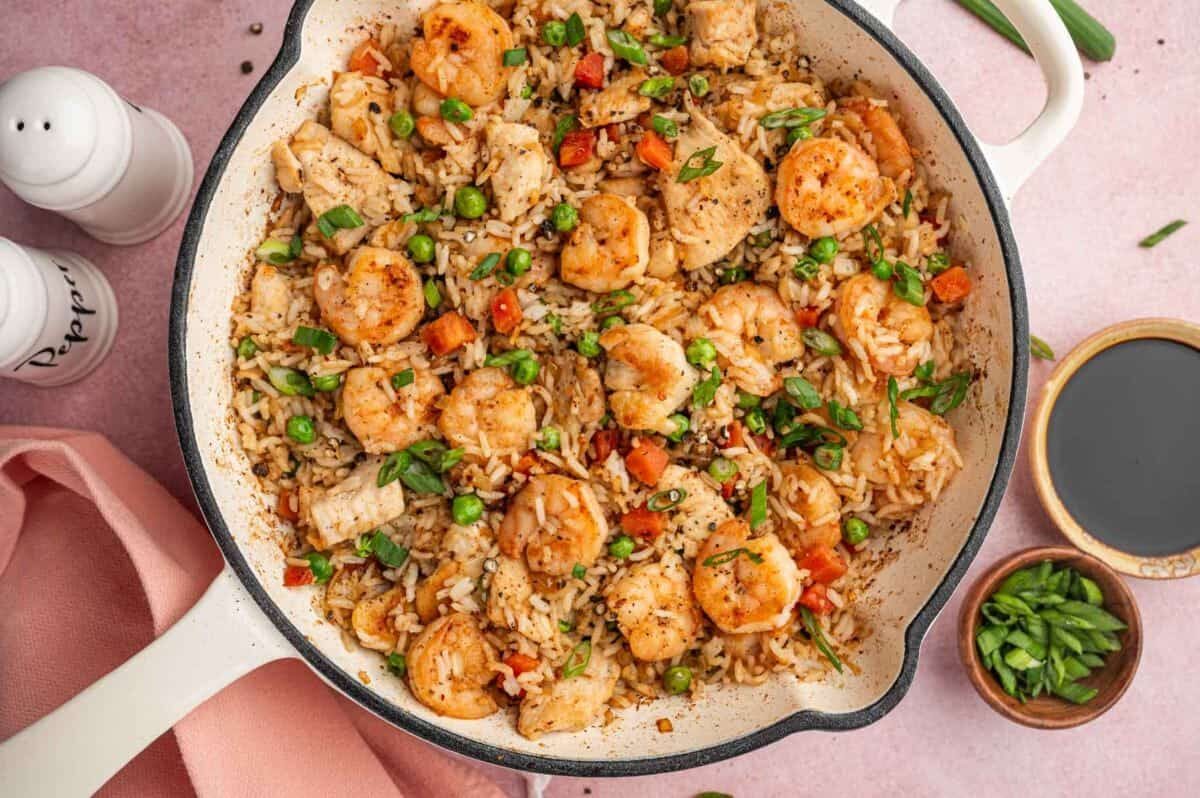 A pan of Chicken and Shrimp Fried Rice