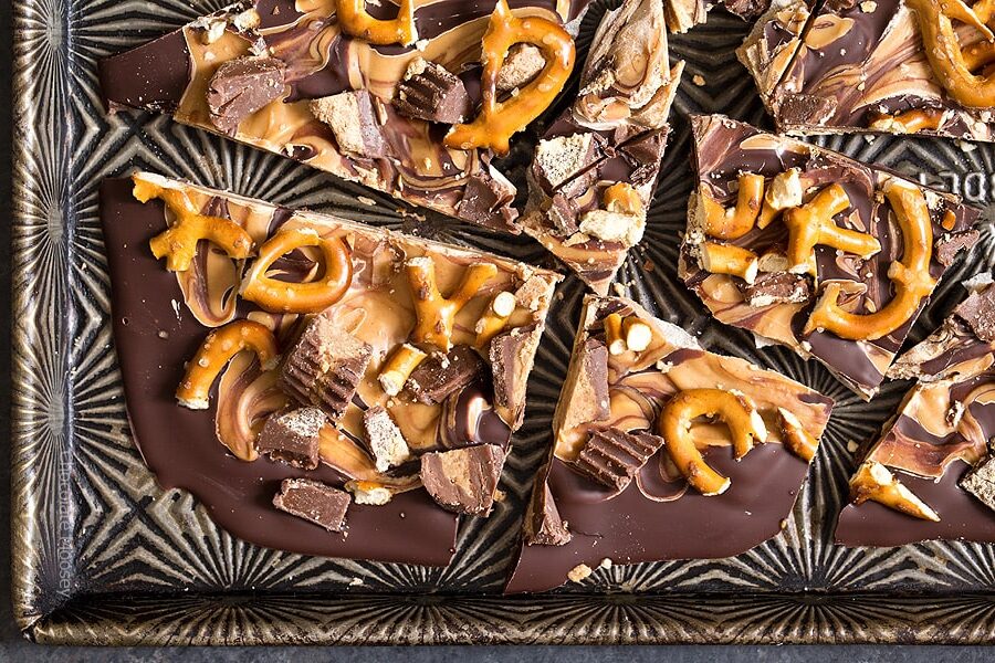 An overhead shot of Chocolate Pretzel Bark.