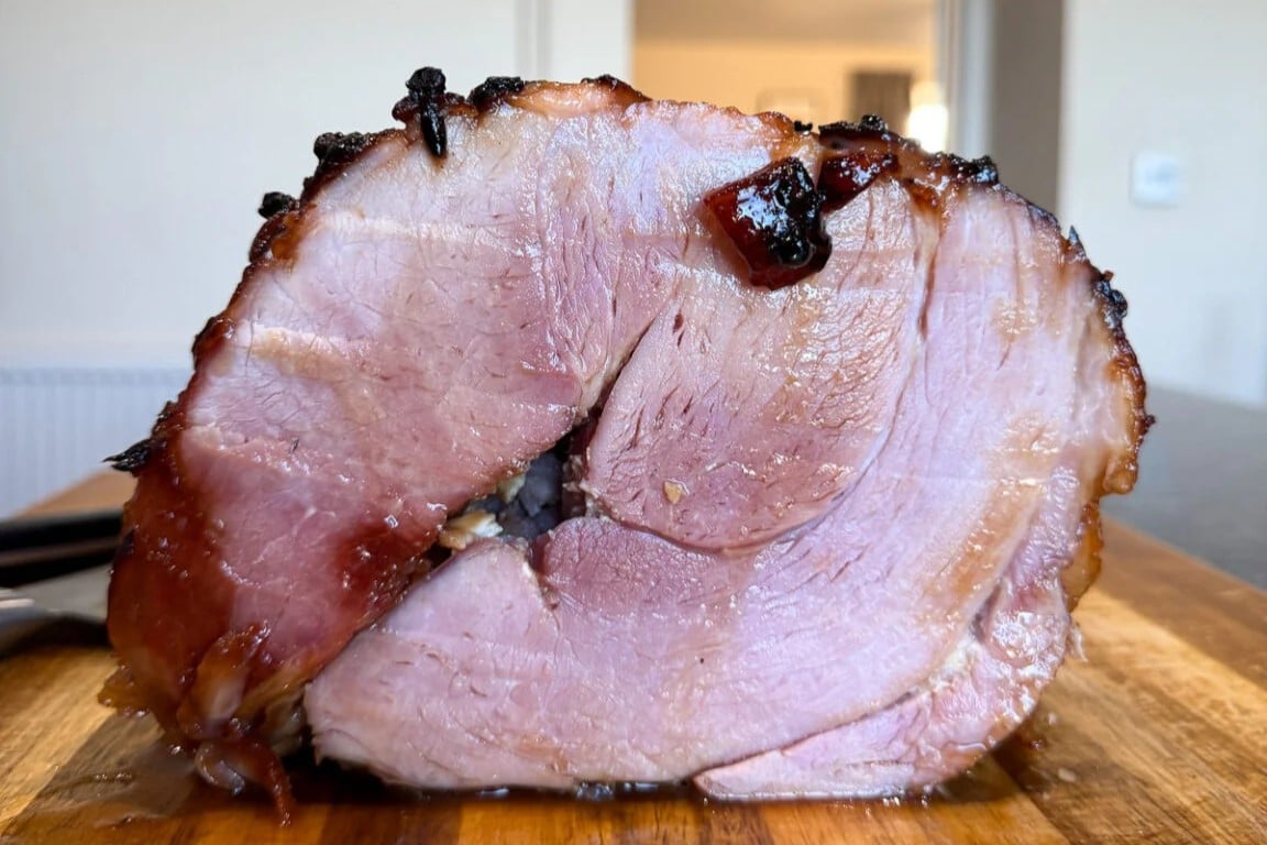 A freshly cut Sticky Toffee Glazed Ham.
