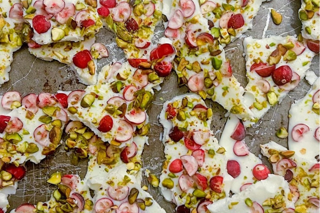 An overhead shot of Cranberry Pistachio Yogurt Bark
