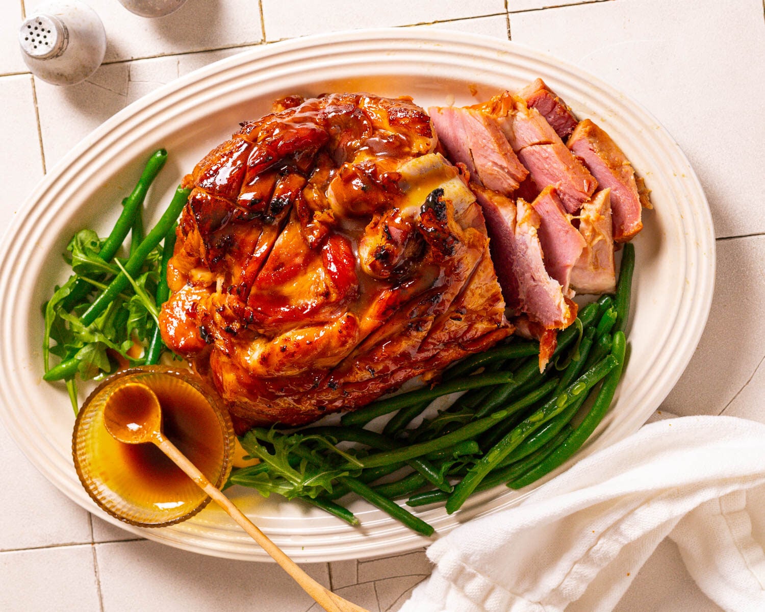 An overhead shot of a platter of Easy Crockpot Ham.