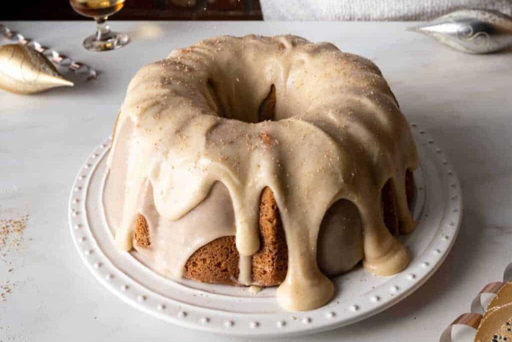 A close up shot of Eggnog Bundt Cake with Sour Cream