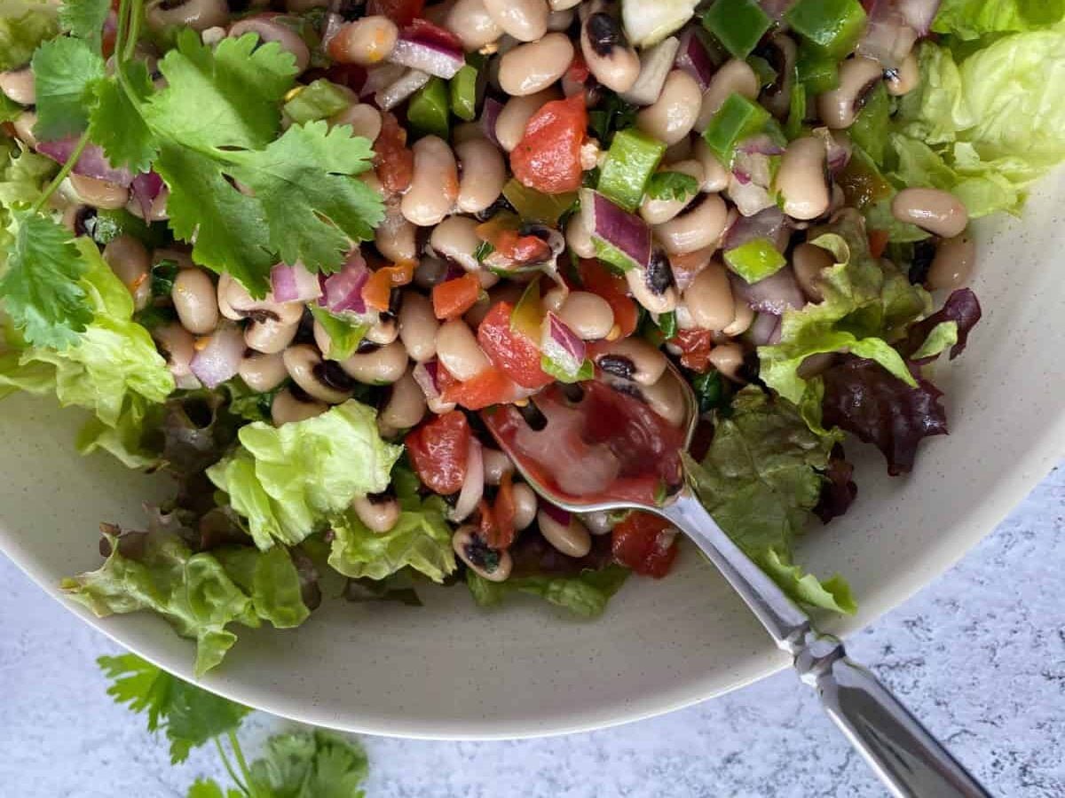 An overhead shot of Spicy Black-Eyed Pea Salad