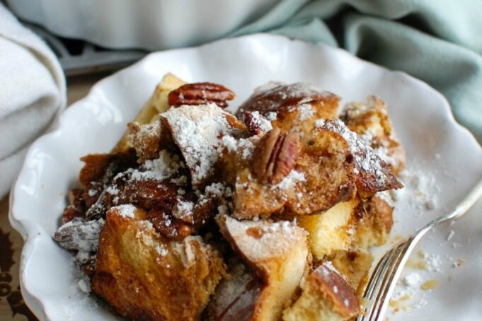 A plate of Overnight Gingerbread French Toast Casserole