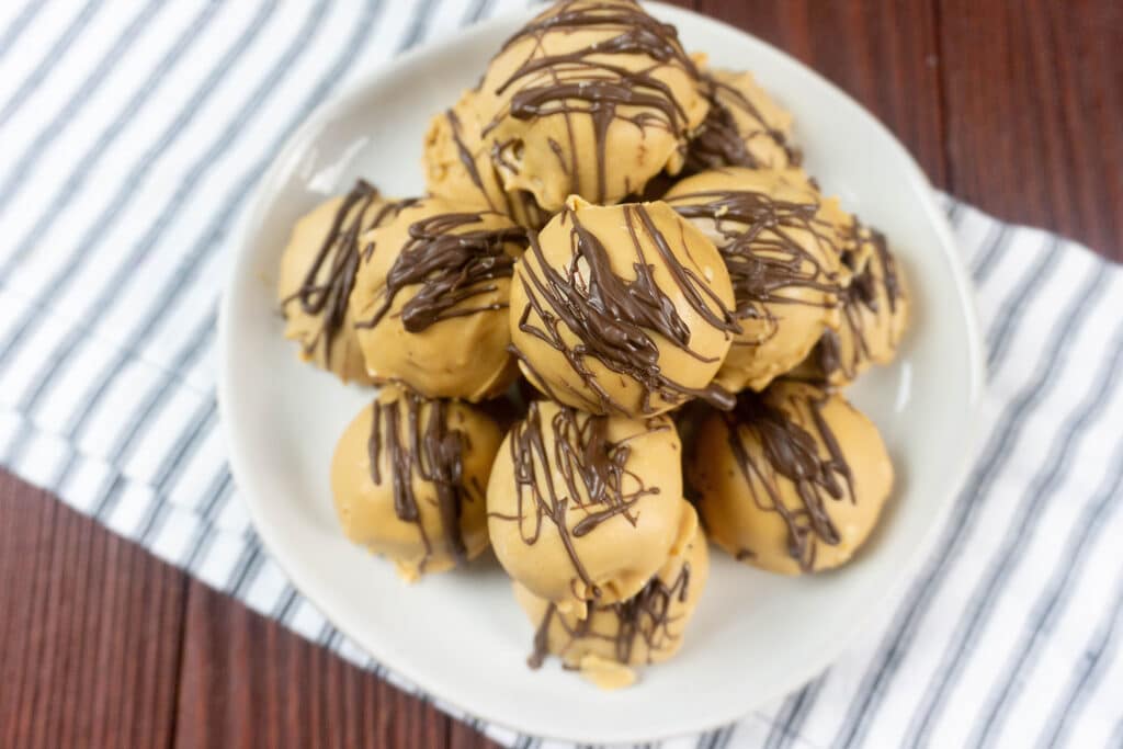 An overhead shot of a plate filled with Peanut Butter Truffles