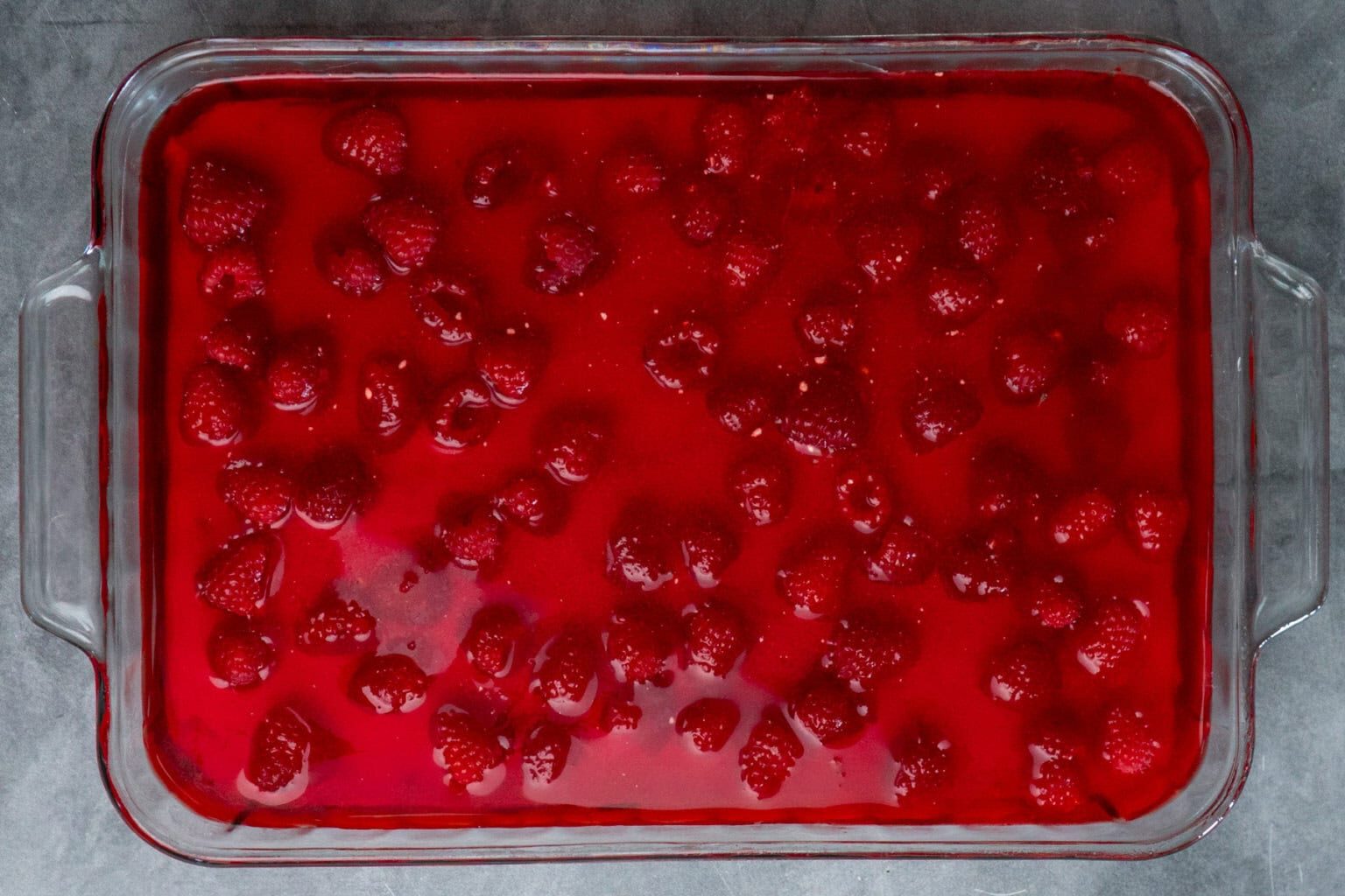 An overhead shot of Raspberry Pretzel Salad