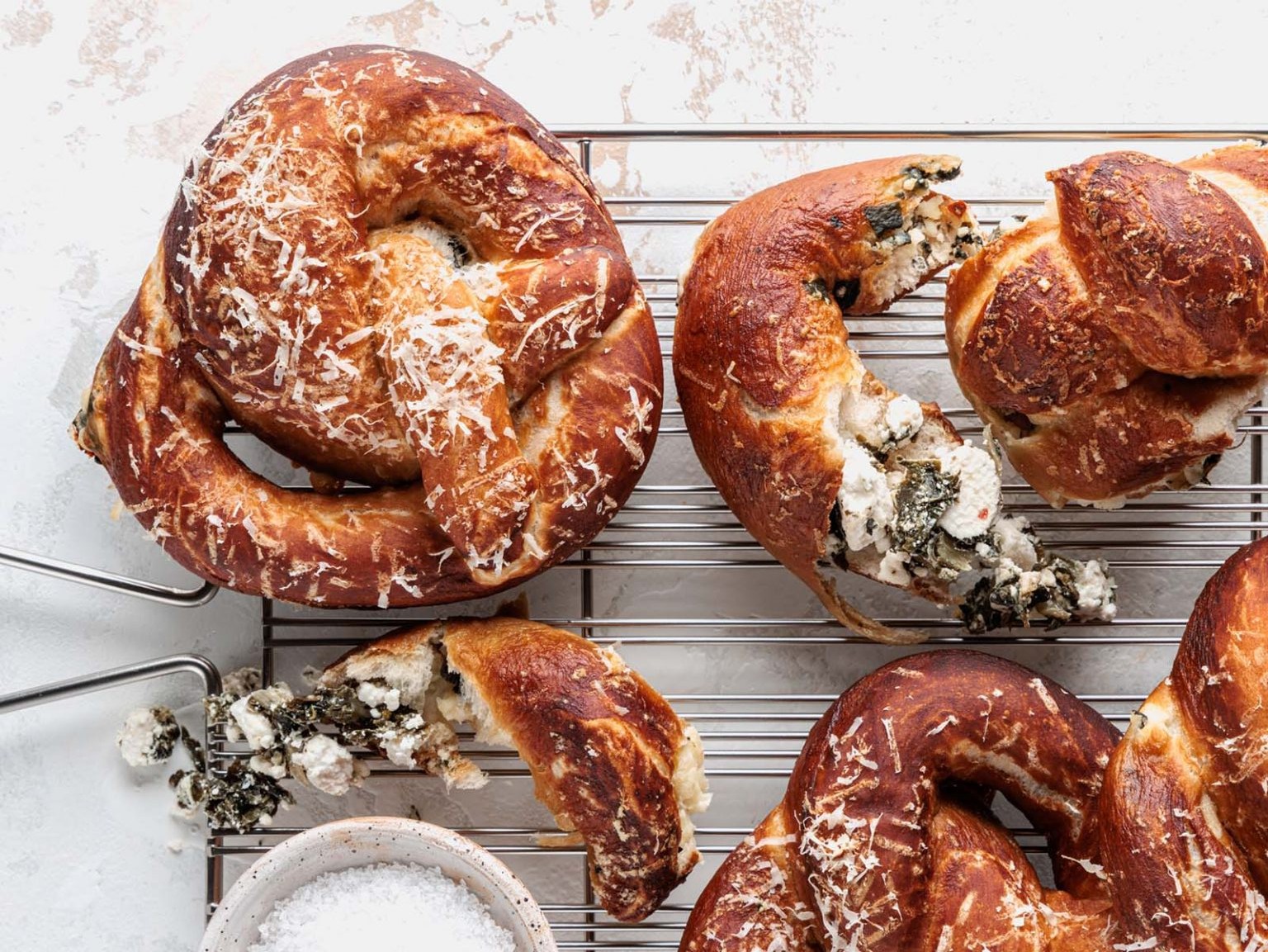 Soft Pretzels Filled with Spinach and Feta
