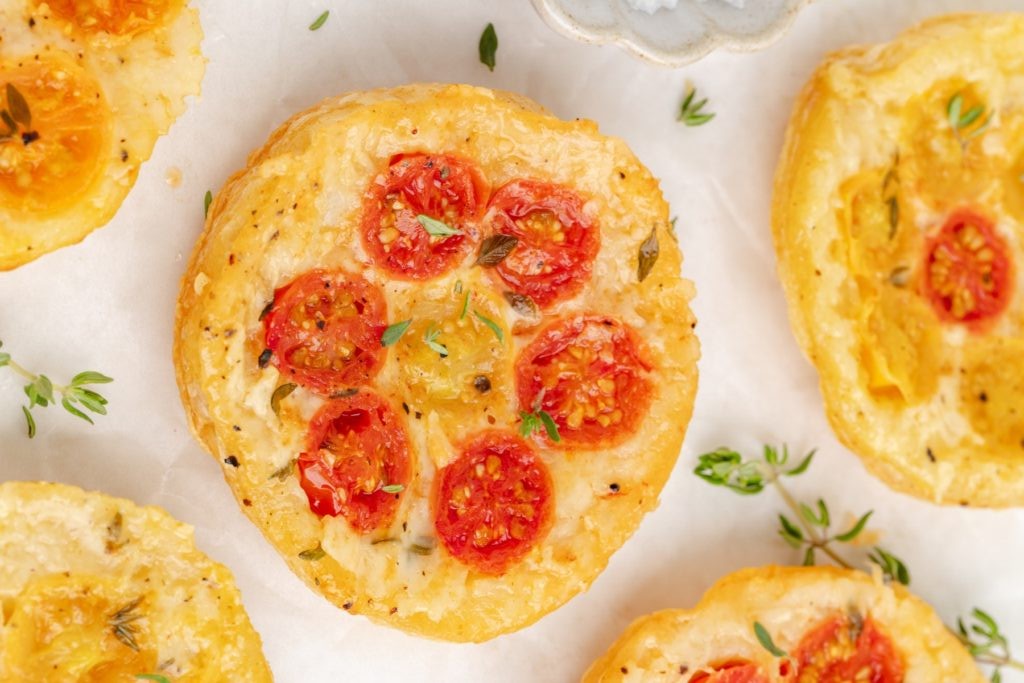 An overhead shot of Tomato Upside Down Puff Pastry Tarts