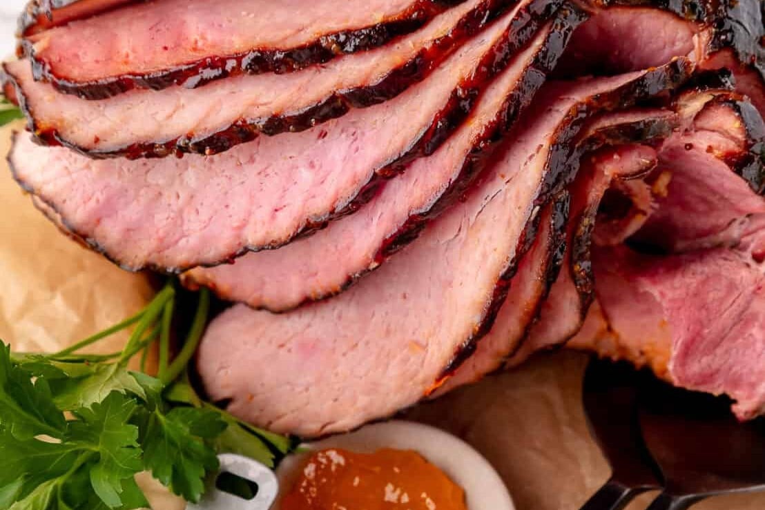 A close up of Air Fryer Glazed Spiral Ham