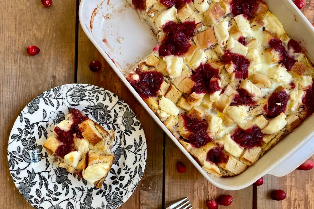 A close up shot of Cranberry Bagel Breakfast Casserole