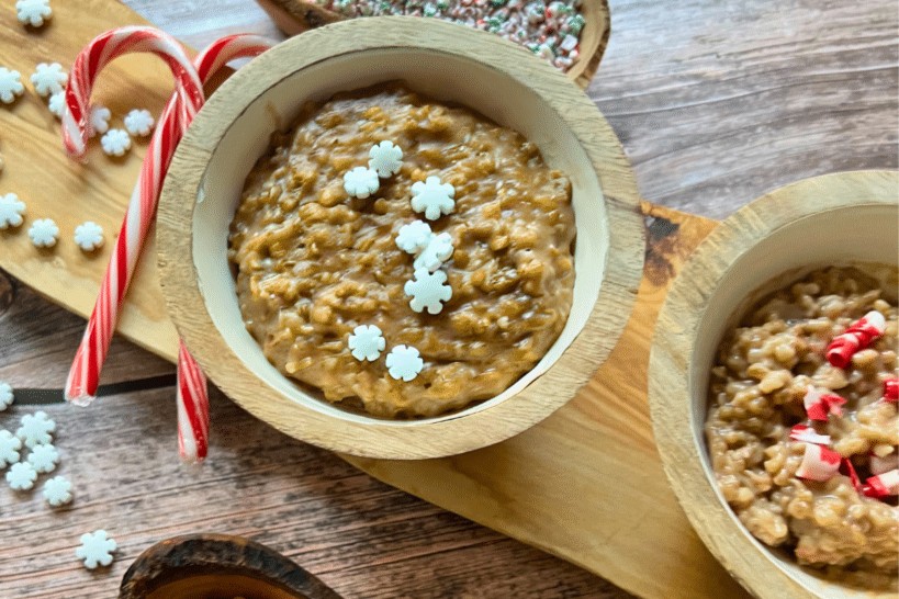 A bowl of Slow Cooker Eggnog Overnight Oats