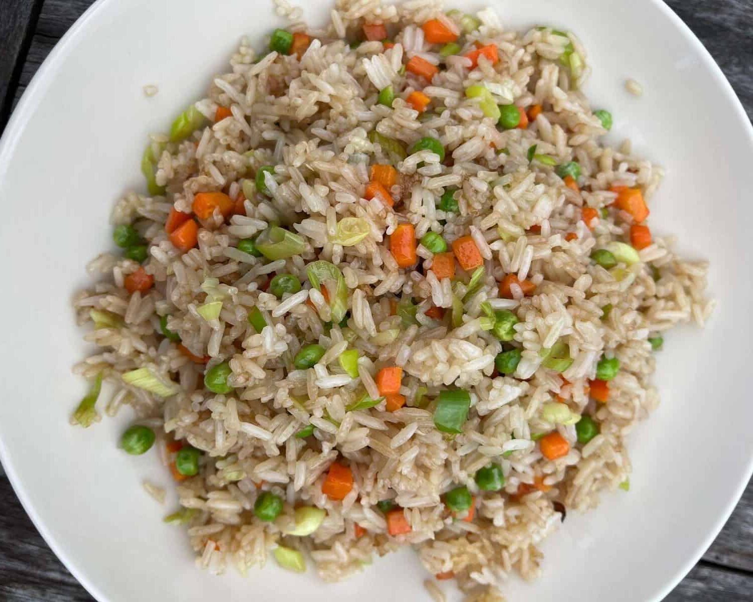 An overhead shot of a plate of Fried Jasmine Rice