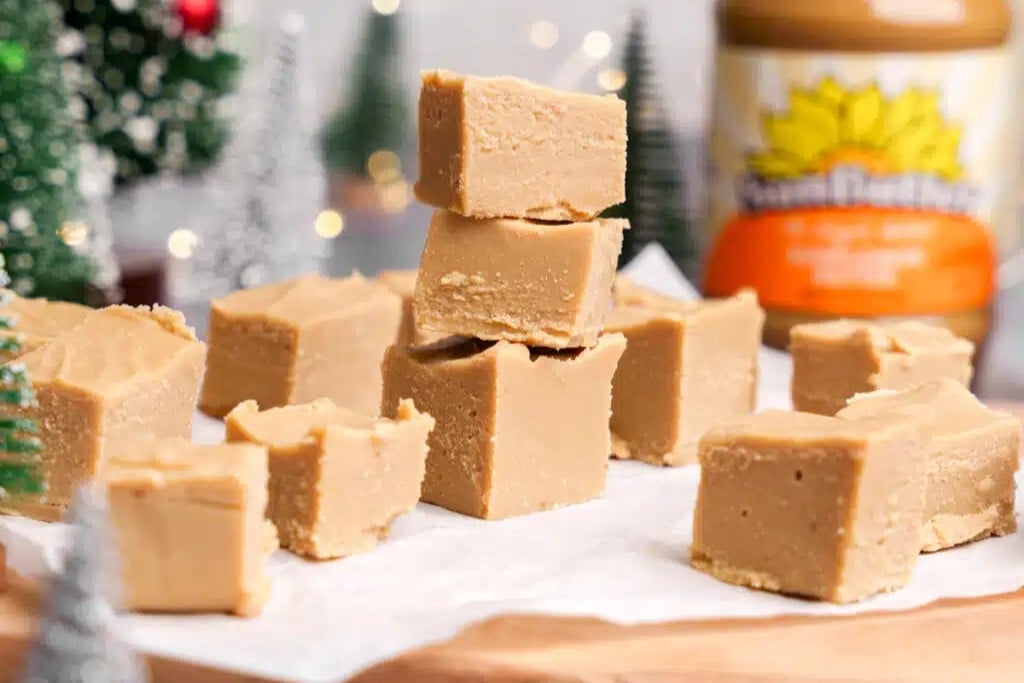 A wooden tray of Easy 3 Ingredient Sun Butter Vegan Fudge