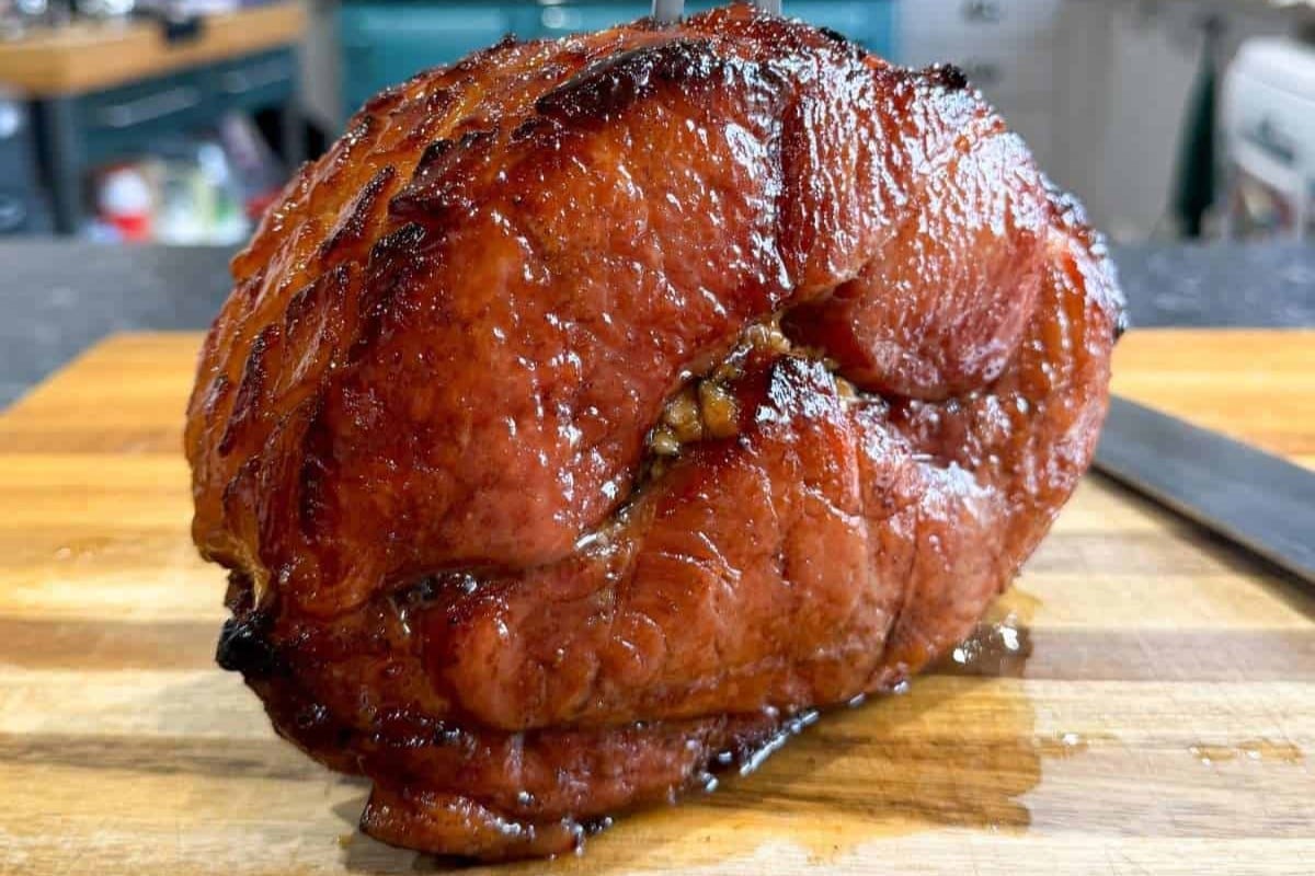 A close up shot of a Cherry Cola Ham with Hot Honey Glaze 