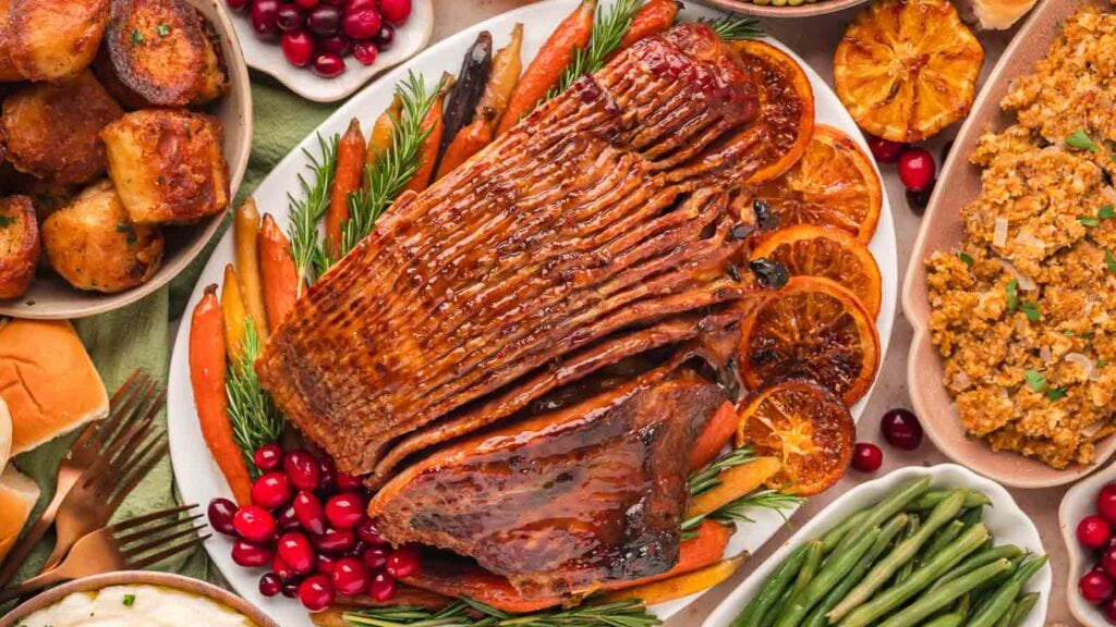 An overhead shot of Glazed Ham With Roasted Carrots