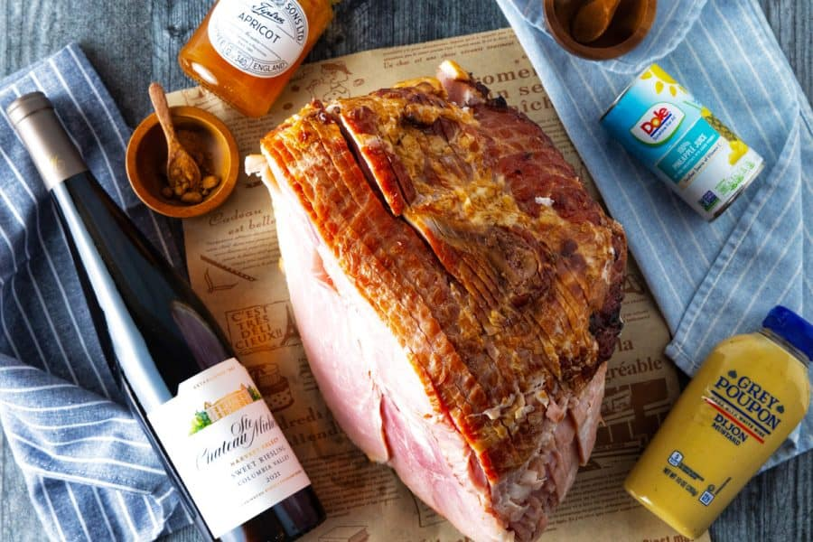 An overhead shot of Smoked Ham with Sweet Apricot Glaze