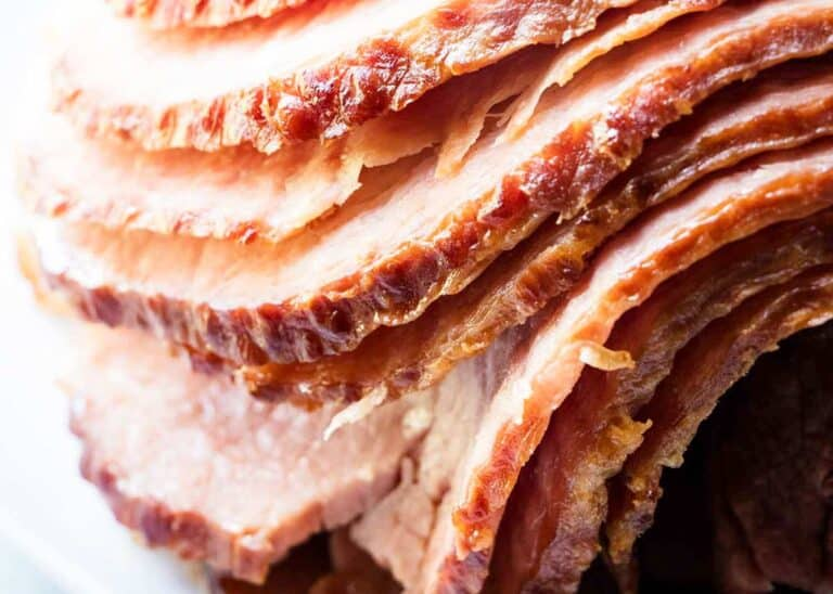 A close up shot of cut Crockpot Spiral Ham