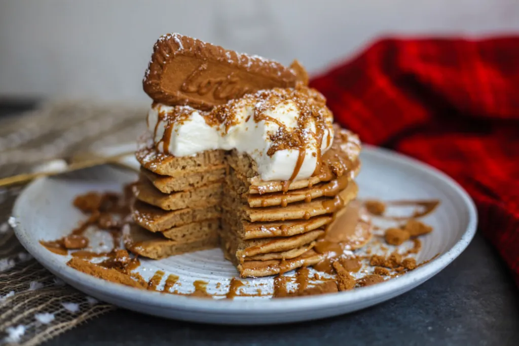 A stack of Biscoff Pancakes on a plate.