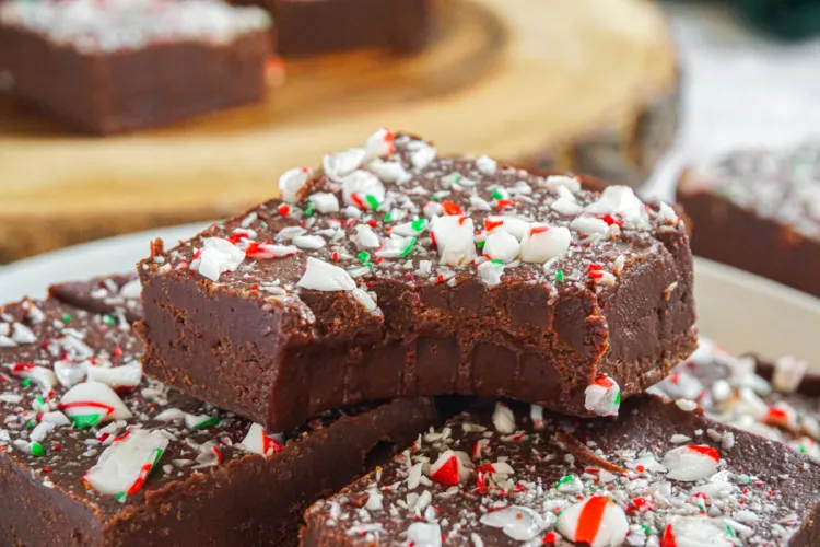 A bitten Easy Chocolate Peppermint Fudge