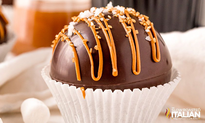 A close up shot of Salted Caramel Cocoa Bombs