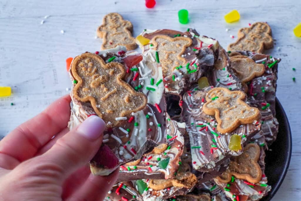A hand holding a Gingerbread Chocolate Christmas Bark over others