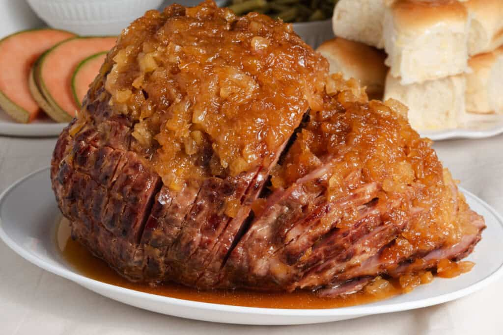 A plate of cut Ham Glaze.