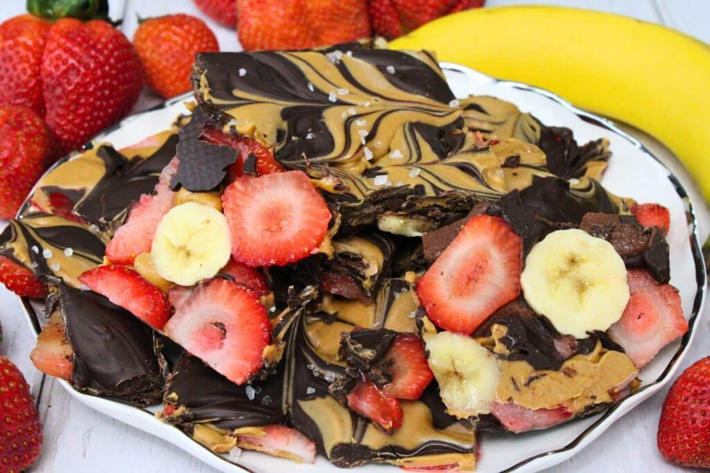 A plate of  Strawberry Banana Bark