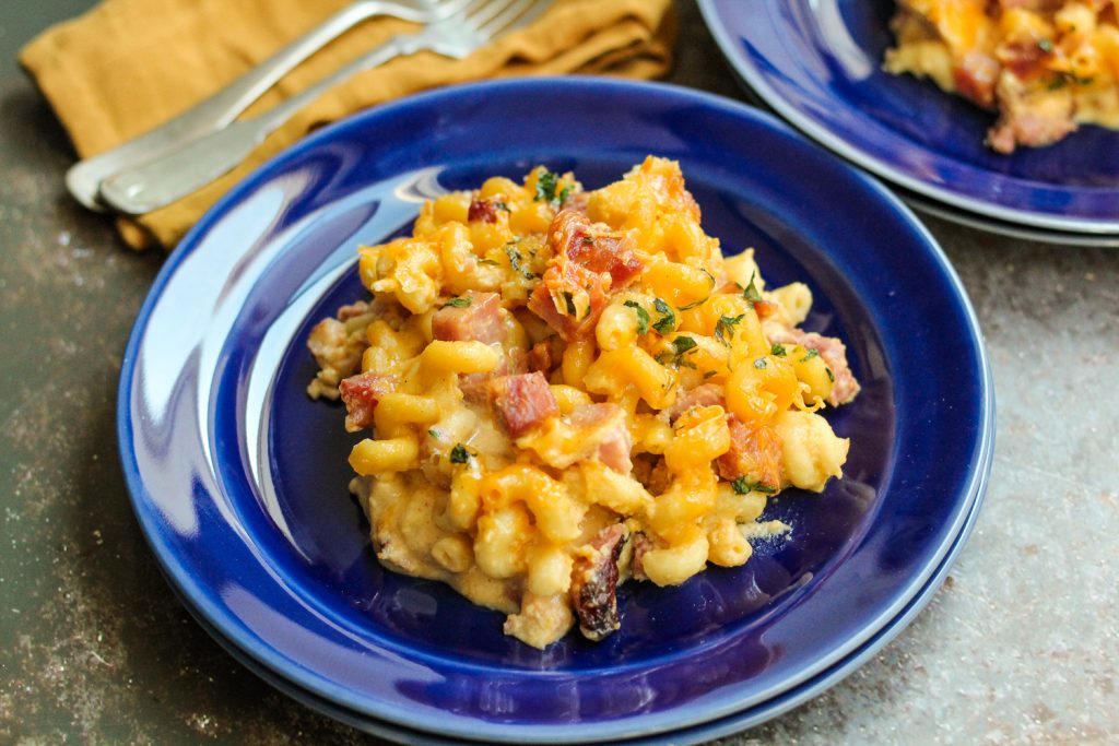 A plate of Skillet Ham Macaroni and Cheese