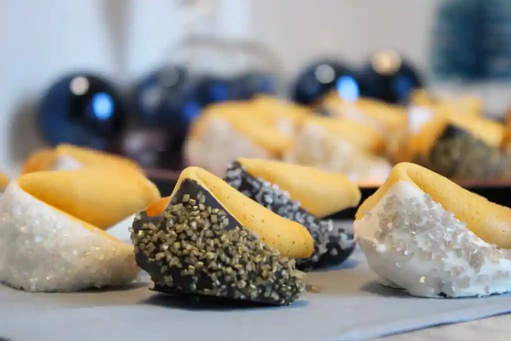 New Year’s Fortune Cookies dipped in chocolate and nuts