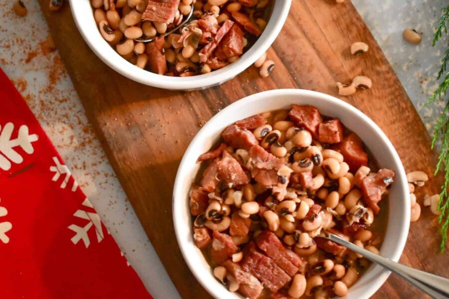 An overhead shot of a bowl of Instant Pot Black Eyed Peas with Ham;