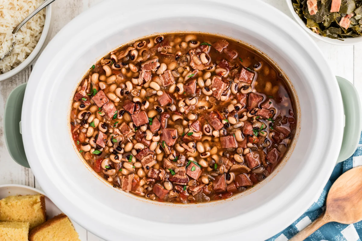 An overhead shot of Slow Cooker Black Eyed Peas