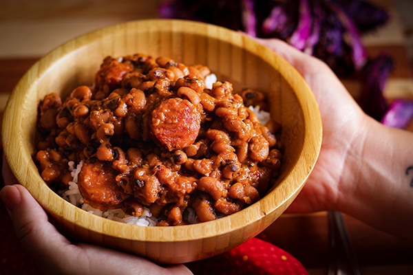 A bowl of Black Eyed Peas with Andouille Sausage