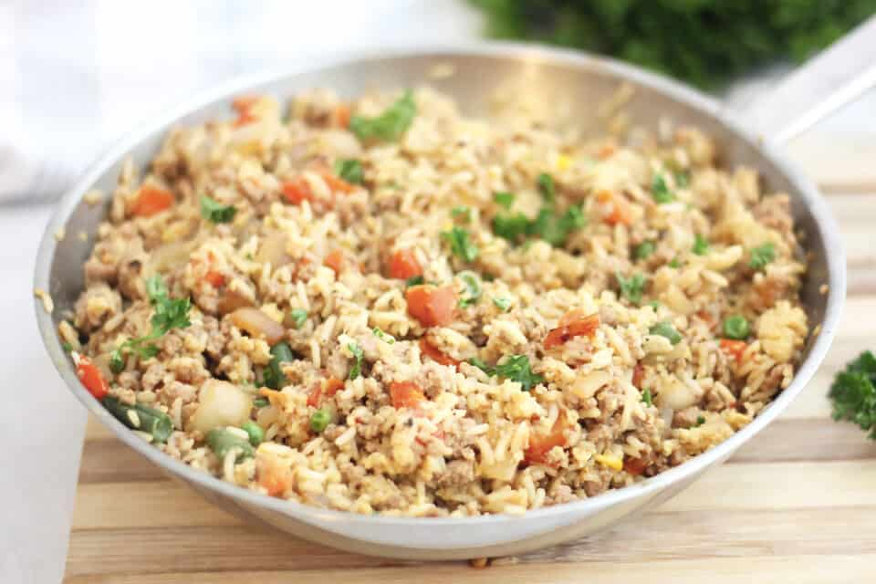 A pan of Ground Turkey Fried Rice