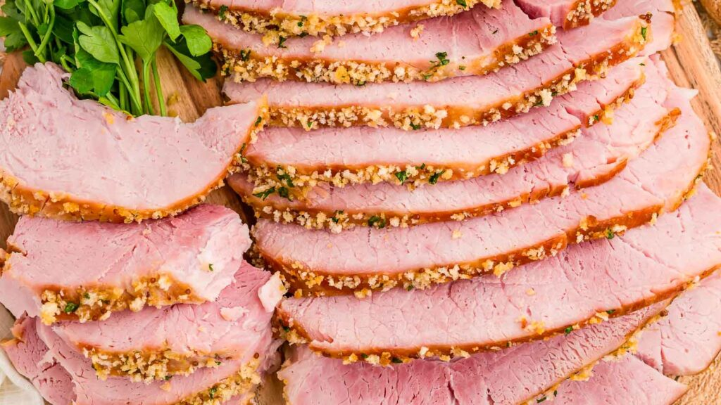 A close up shot of cut Baked Ham.