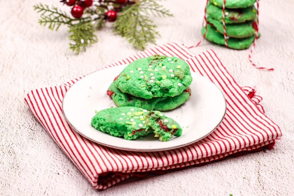 A plate of Grinch Cake Cookies.