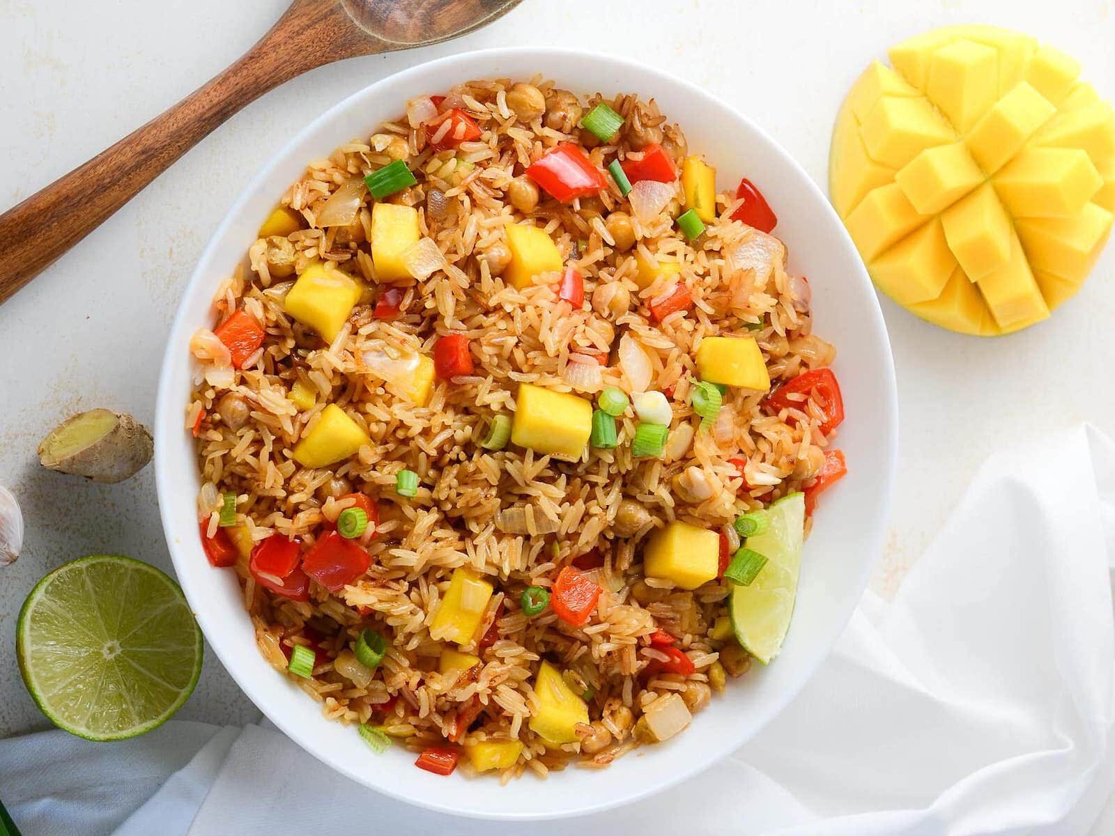 An overhead shot of Our Favorite Mango Fried Rice Recipe