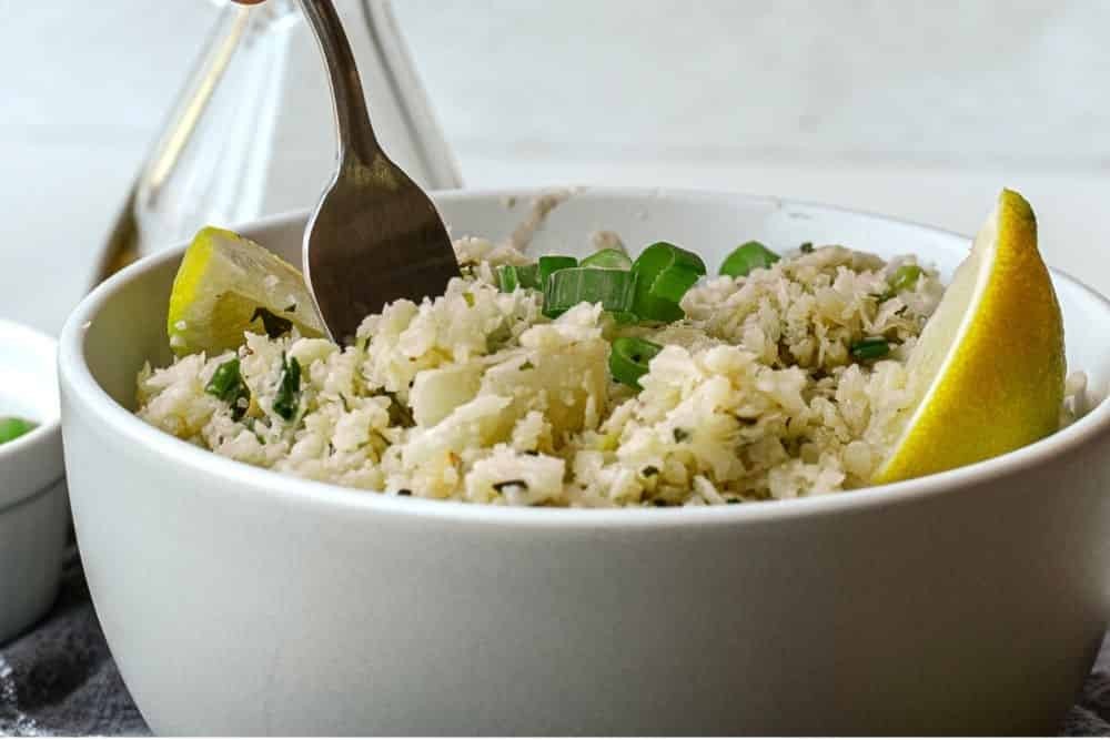 A bowl of Easy Healthy Garlic Cauliflower Rice.