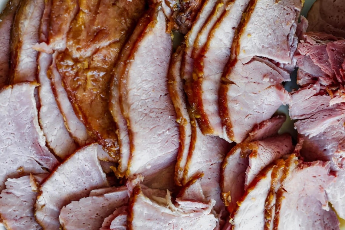 A close up shot of cut Smoked Glazed Pineapple Ham