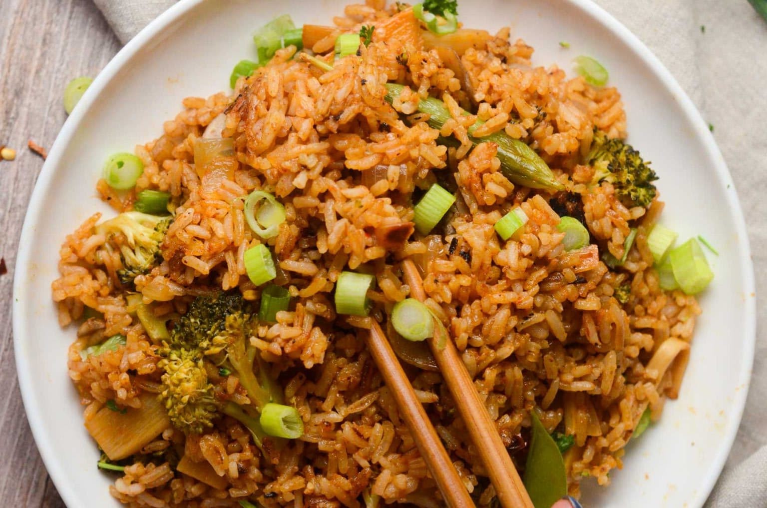 An overhead shot of plate of Thai Red Curry Fried Rice