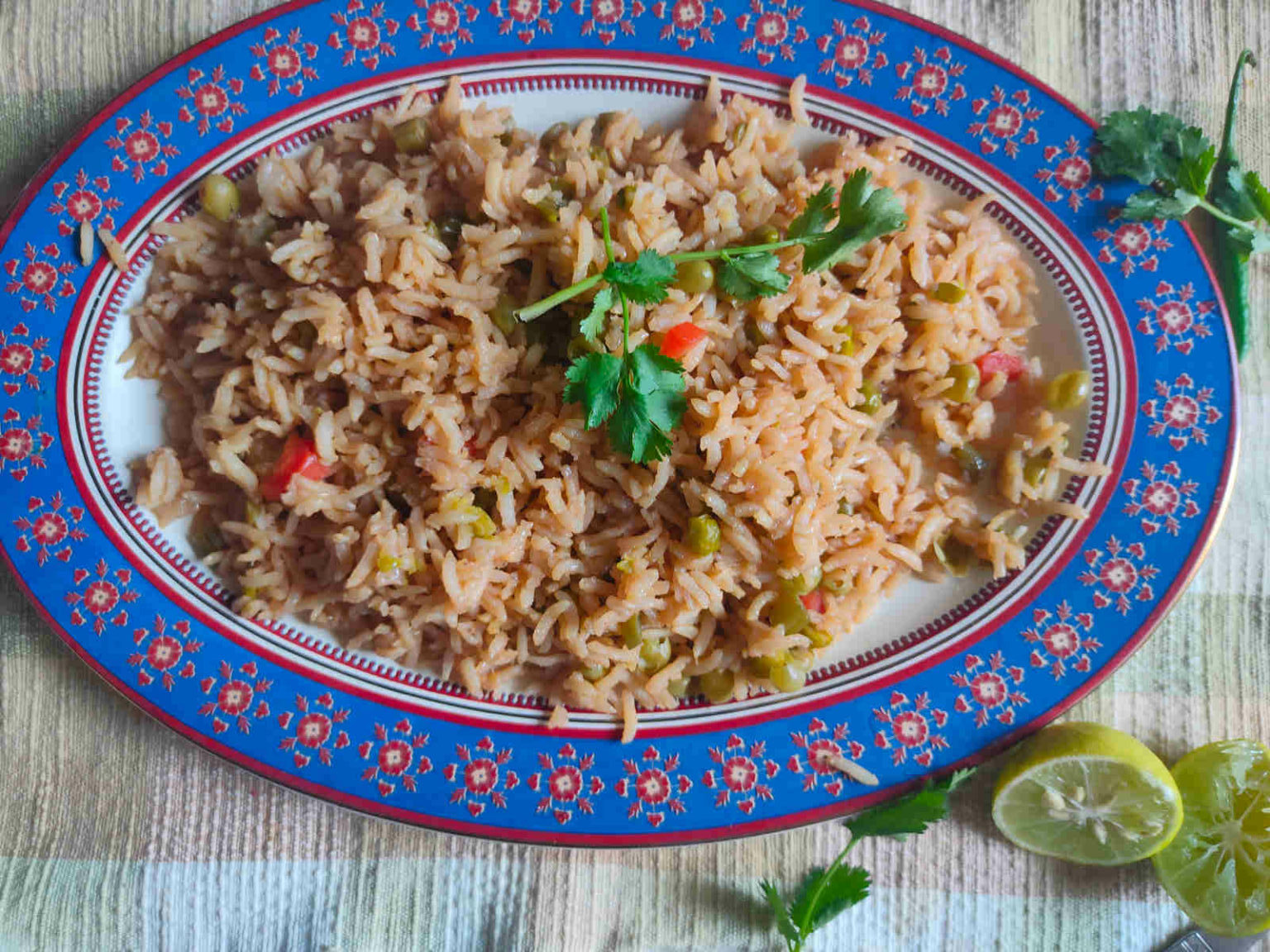 An overhead shot of a platter of Easy Vegan Fried Brown Rice