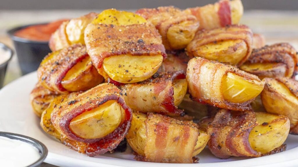 Bacon Wrapped Baby Potato Bites With Sriracha Sour Cream