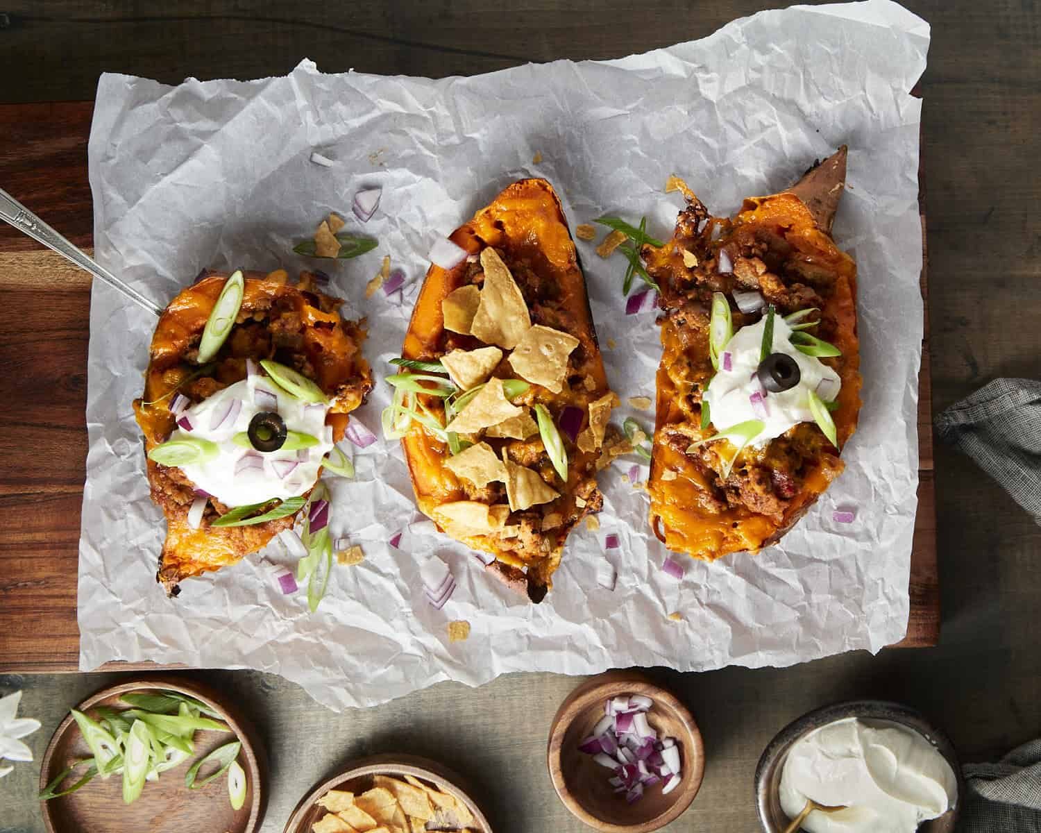 Cheesy Chili Stuffed Sweet Potatoes 
