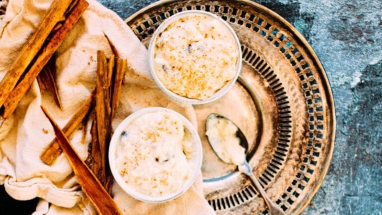 Cinnamon Raisin Rice Pudding on a bowl