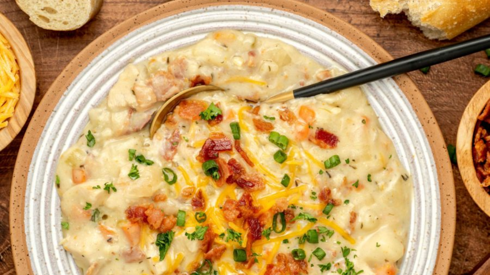 Chicken and potato soup with toppings.