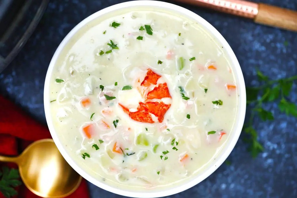 An overhead shot of Instant Pot Lobster Chowder
