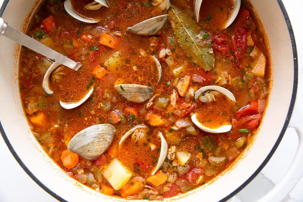 An overhead shot of Manhattan Clam Chowder Recipe
